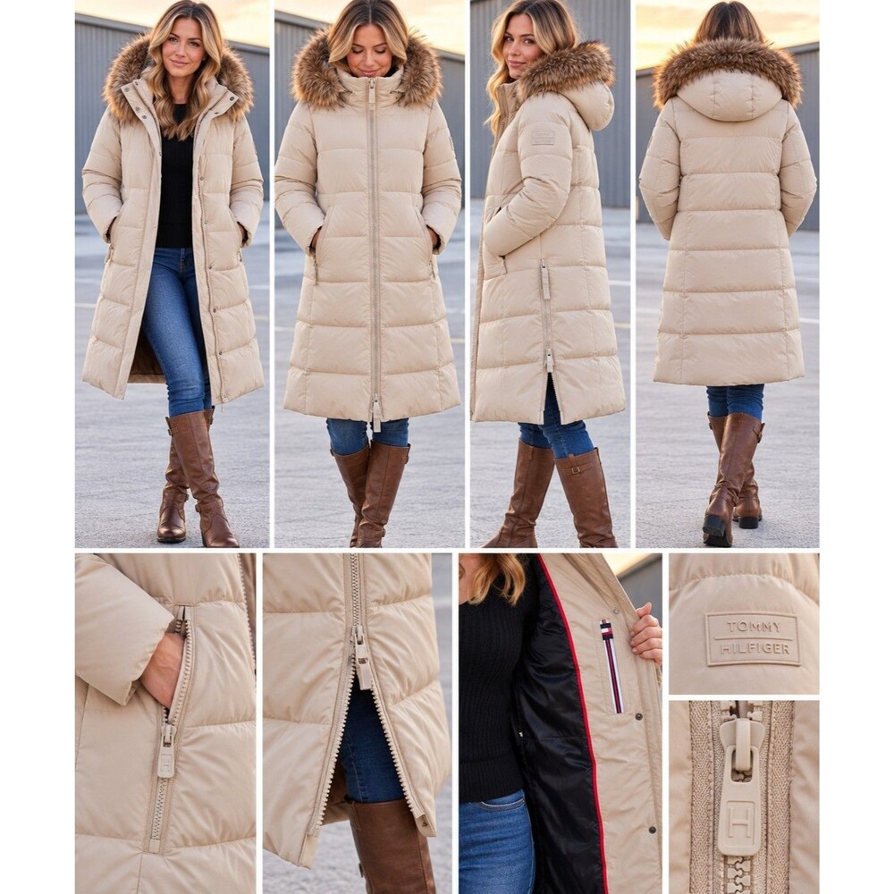 Tommy Hilfiger Women’s Long Puffer Coat M Faux Fur Hood Polyfill Winter Jacket